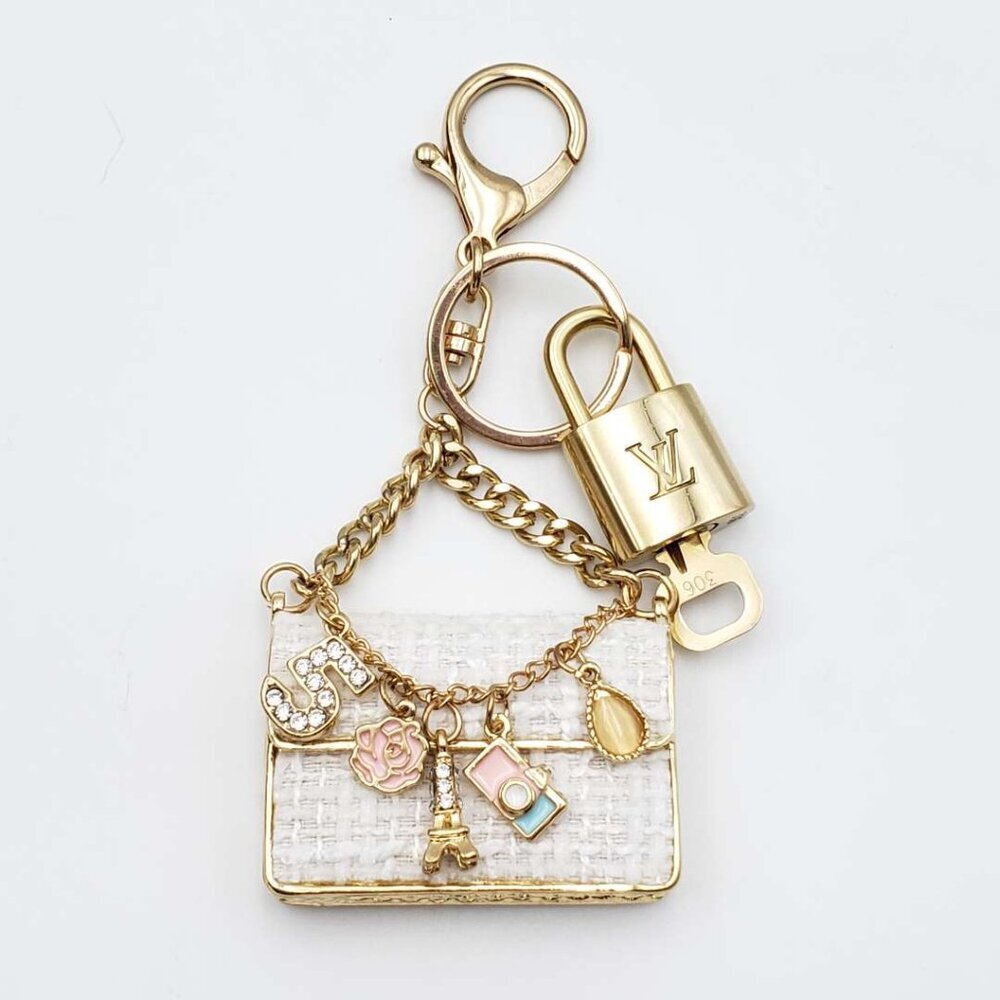Authentic Louis Vuitton Padlock & Key Gold ✨Unbranded Tweed Bag Charm Keychain - Picture 7 of 8